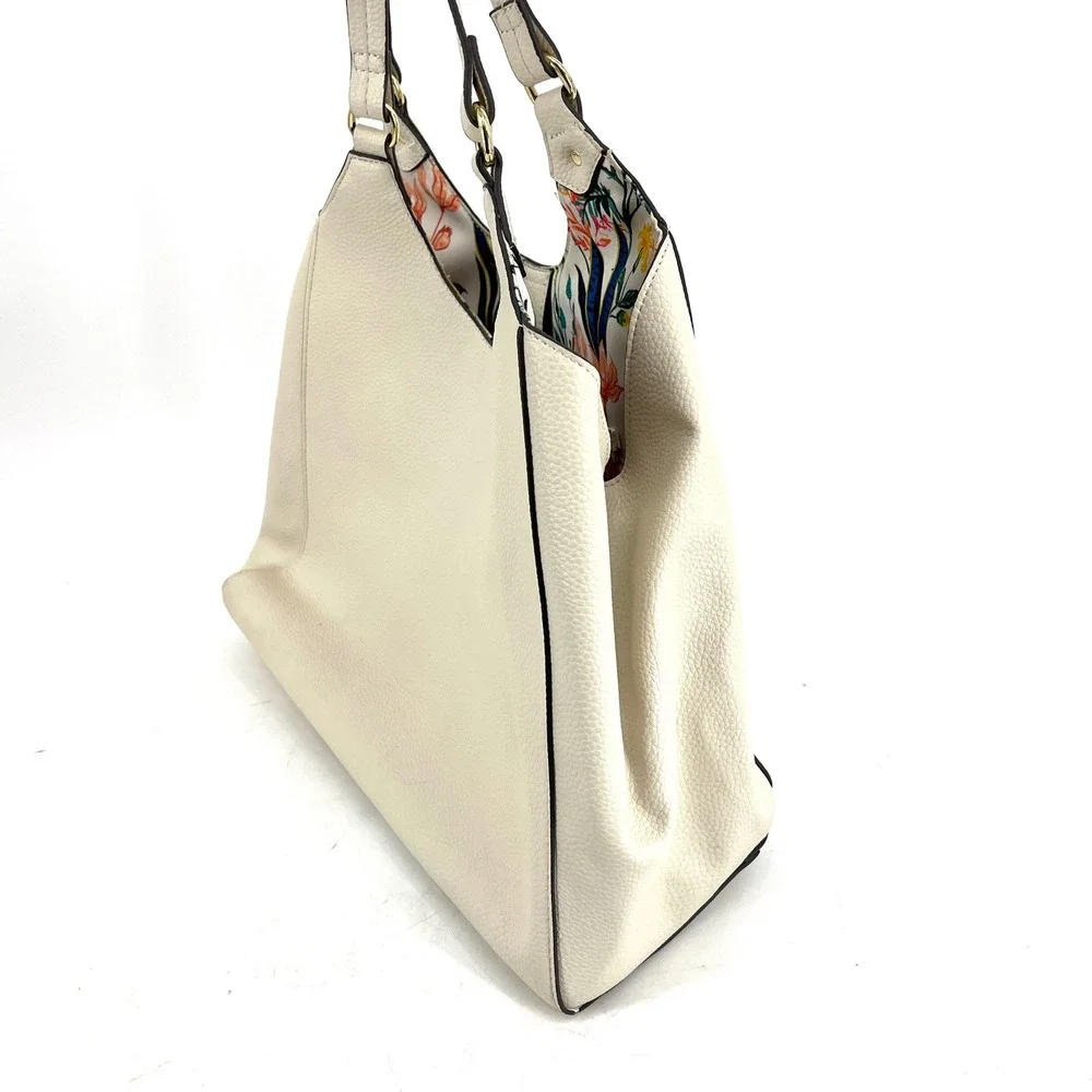 Nanette Lepore Cream Pebbled Leather Floral Lined Tote Bag‎ Shoulder Bag